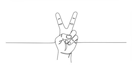 Minimalist line drawing of peace symbol hand gesture on white background