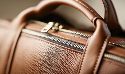 A close-up shot showcases a brown leather travel bag's textures, stitching and zipper details.