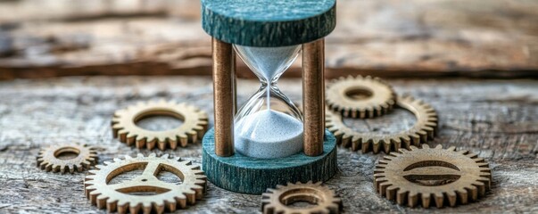 An hourglass surrounded by wooden gears, symbolizing the passage of time and mechanics on a rustic wooden surface.