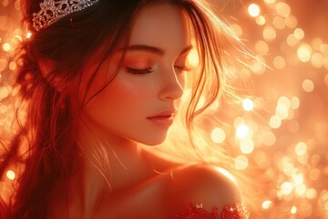 Beauty queen in glamorous red gown with silver tiara on stage at beauty pageant