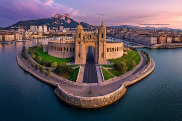 Naklejka premium A breathtaking aerial view of Marseille, with the Old Port and Notre-Dame de la Garde standing majestically above the city