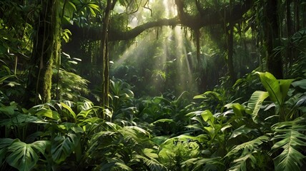 a dense jungle with sunlight filtering through the canopy