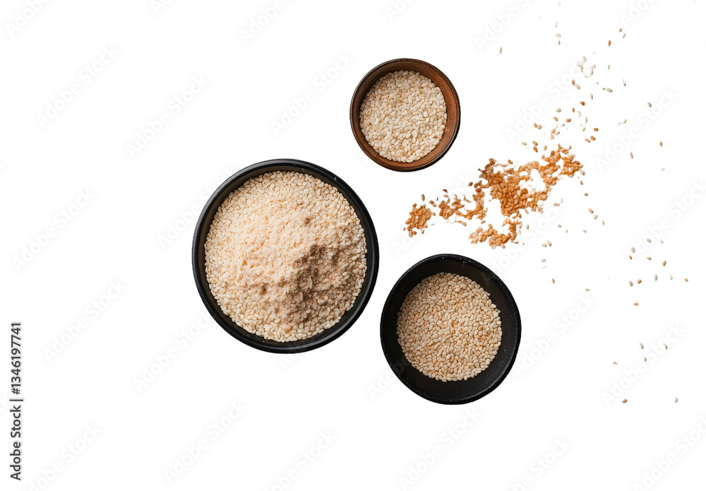Poster isolated organic integral sesame seeds are displayed on a white background in a top view