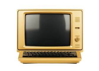Retro gold computer on a transparent background. Vintage technology concept.