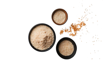 Isolated organic integral sesame seeds are displayed on a white background in a top view