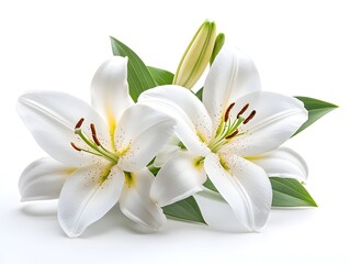 Fototapeta premium Two pristine white lilies with vibrant green leaves arranged beautifully against a stark white background creating a pure and elegant floral