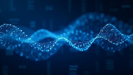 Abstract digital wave with floating binary code on dark blue background.