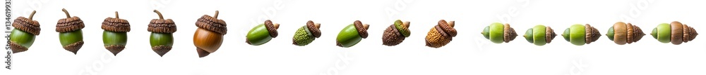 Poster green and brown acorns, isolated on white, are set in a collection and viewed from directly above