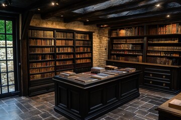 A charming bookshop in Avignon, with wooden bookshelves stacked with antique French literature and cozy reading nooks