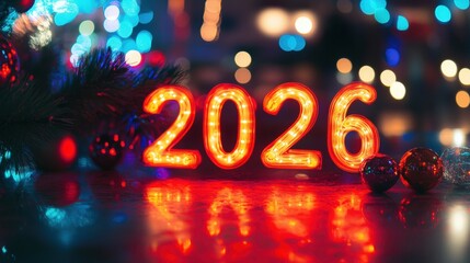 The year 2026 shines bright in colorful lights, set against a backdrop of festive decorations, creating a joyful New Year's atmosphere