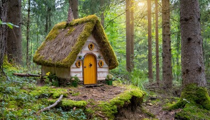 A cozy wooden house surrounded by a peaceful forest
