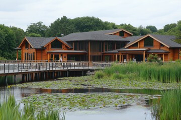 Obraz premium Wooden building nestled beside a tranquil pond, surrounded by lush greenery and a boardwalk.