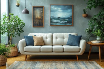 Scandinavian modern living room with a sofa, armchair, and wooden dining table. Light gray walls adorned with decorative elements and personal accessories, creating a cozy and stylish interior.