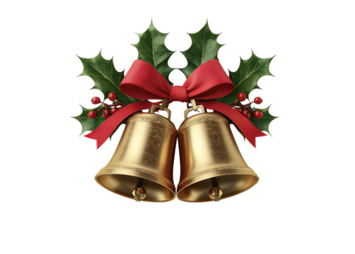 Golden Bells with Red Ribbon and Holly on Transparent Background - Free ...
