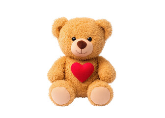 Teddy bear holding a red heart on a transparent background. Concept of love, valentines day, and childhood.