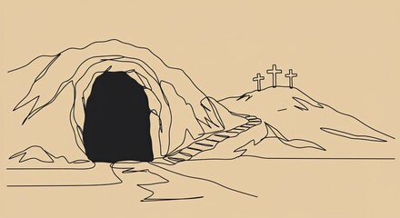 Easter  illustration: the cave of Jesus Christ. Easter print, decor, Christian resurrection, Holy Sepulcher, Good Friday	