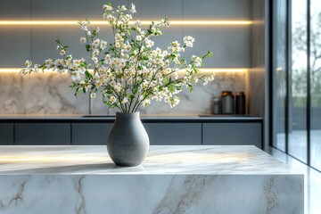 Modern Scandinavian Kitchen with White Marble Countertop and Vase of Flowers