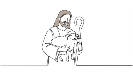 Fototapeta premium Jesus Christ the Good Shepherd with Sheep and Staff - Gospel Illustration