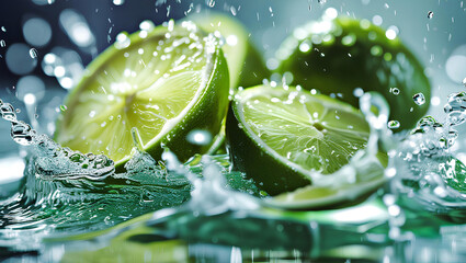 Fresh Green Limes with Splashing Water, General AI