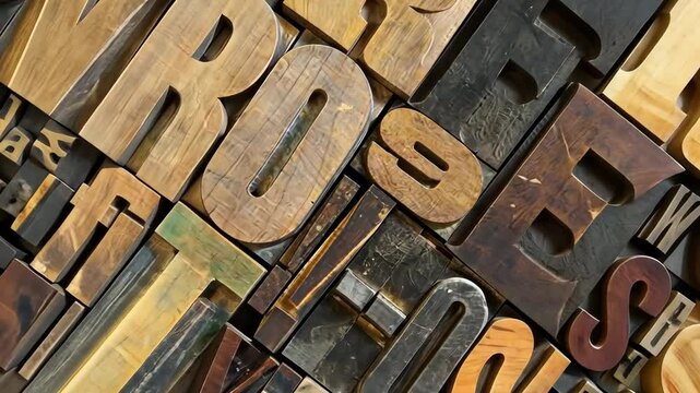 moving around a background made of retro wooden typeset letters for a printing press