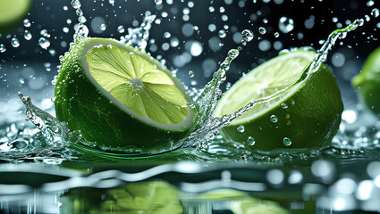Fresh Green Limes with Splashing Water, General AI
