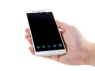 Realistic Photo of a Hand Holding White Smartphone Featuring Mobile Phone Technology Digital Display on Transparent Background Perfect for Communication and Modern Gadget Concepts