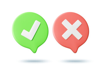 3D illustration vector render of check mark and cross icon on message bubble. Concept representing confirmation and denial in communication process. Decision, approval, rejection. Isolated on white