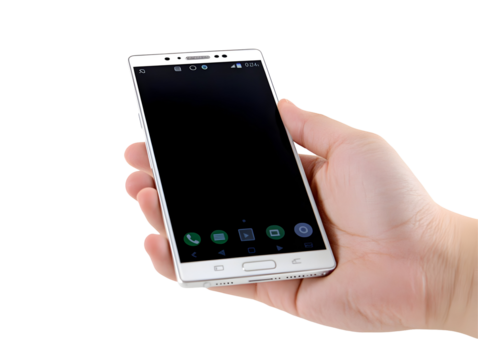 Realistic Photo of a Hand Holding White Smartphone Featuring Mobile Phone Technology Digital Display on Transparent Background Perfect for Communication and Modern Gadget Concepts