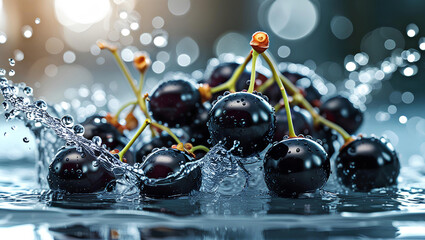 Dynamic Splash of Glossy Black Currants in Water &ndash; Fresh and Juicy Berries with Water Droplets, General AI
