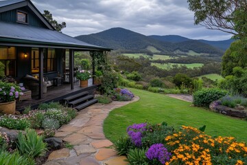 A cozy countryside cottage in Tasmania, surrounded by blooming wildflowers and rolling green fields