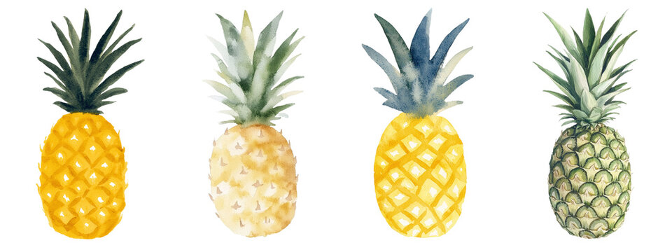 On an isolated white background, a delicate hand-drawn illustration of a pineapple is rendered in a botanical watercolor style, emphasizing its juicy and tropical nature