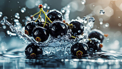 Dynamic Splash of Glossy Black Currants in Water – Fresh and Juicy Berries with Water Droplets, General AI