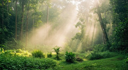 Obraz premium Soft morning mist rising from a lush rainforest oasis, creating a dreamlike scene
