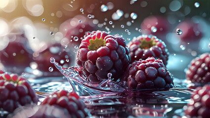 Dynamic Close-Up of Fresh Boysenberries Splashing in Water &ndash; Juicy Red Berries with Water Droplets, General AI