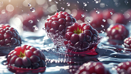 Dynamic Close-Up of Fresh Boysenberries Splashing in Water – Juicy Red Berries with Water Droplets, General AI