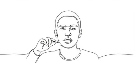 Obraz premium Minimalist one-line drawing of a person brushing teeth on white background