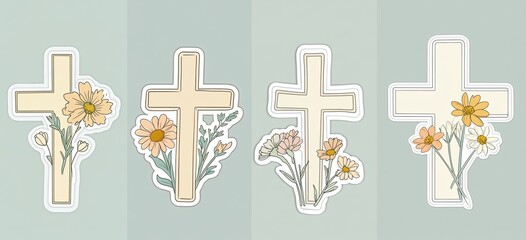 Seamless Christian Pattern with Floral Crosses &ndash; Religious Border, Decorative Ribbon