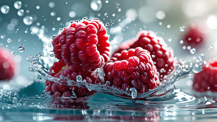 Dynamic Close-Up of Fresh Boysenberries Splashing in Water &ndash; Juicy Red Berries with Water Droplets, General AI