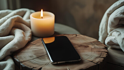 Serene Digital Detox &ndash; Cozy Candlelit Evening with Smartphone on Rustic Wooden Table, General AI
