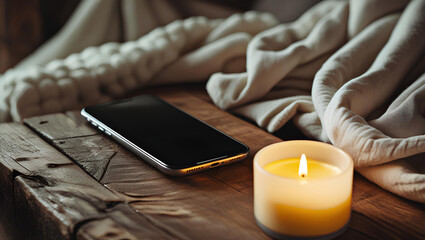 Serene Digital Detox – Cozy Candlelit Evening with Smartphone on Rustic Wooden Table, General AI
