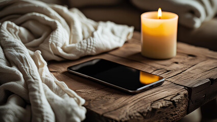Serene Digital Detox &ndash; Cozy Candlelit Evening with Smartphone on Rustic Wooden Table, General AI