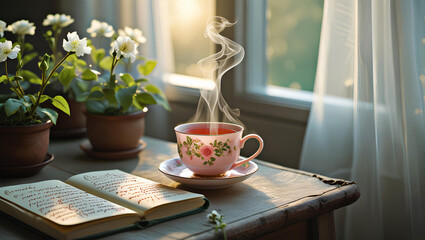  Serene Morning Tea in Cozy Bedroom, General AI