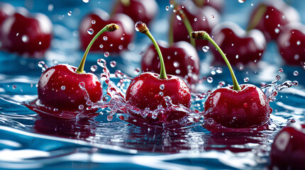 Vibrant Close-Up of Fresh Red Cherries Splashing in Water &ndash; Refreshing and Juicy Summer Fruit, General AI
