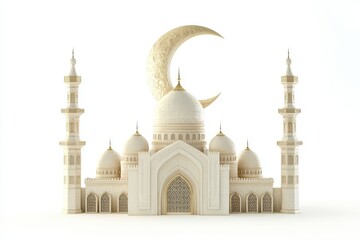 3D Moonlit Mosque Isolated and White Background