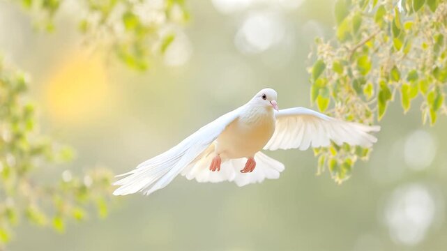 A pure white dove flies gracefully between green tree branches, bathed in soft sunlight, symbolizing harmony and new beginnings. Concept of peace and nature&rsquo;s beauty

