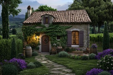 A digital 3D illustration of a ProvenÃ§al vineyard estate near Avignon, with warm golden lighting and lush greenery