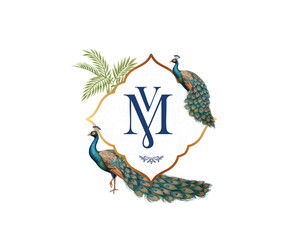 This premium Indian wedding logo features a sophisticated monogram with the letters "M" and "V," framed by an ornate golden border, two majestic peacocks, and delicate palm leaves.