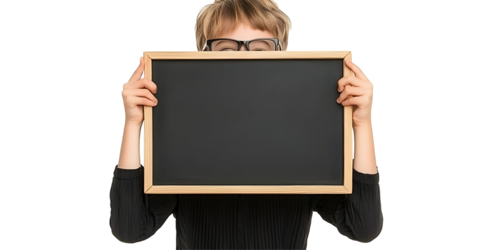 Realistic Photo of Child Holding Empty Blackboard Frame for Message with Transparent Background Suitable for Education and School Sign Board Promotion