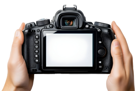 Realistic Photo of Digital Camera Being Held by Two Hands Revealing its Blank Clear Screen Displaying Capture Professional Photo Equipment with Transparent Background - Powered by Adobe