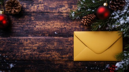 A golden envelope rests on a rustic wooden table, surrounded by pine cones, red ornaments, and snow, embodying a festive atmosphere
